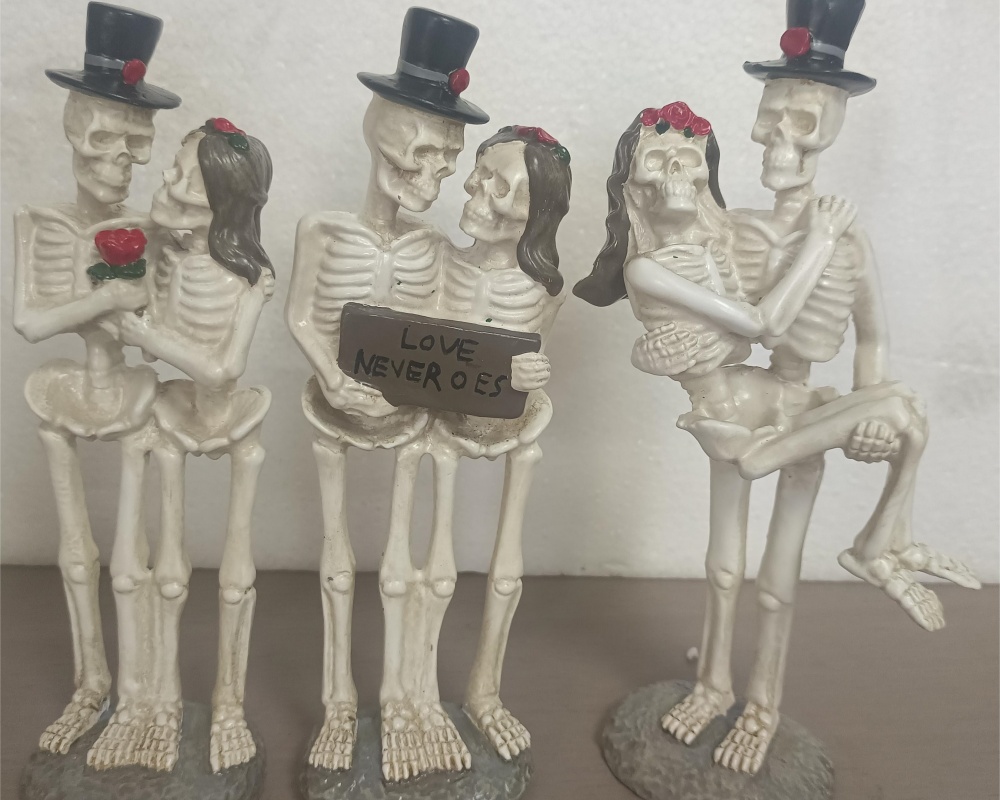 Skeleton couple with the sign