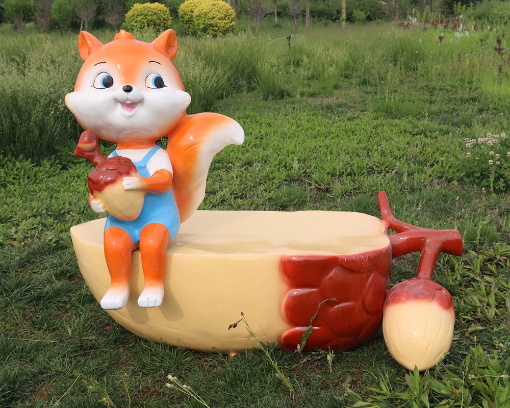 Vivid Fiberglass Squirrel Themed Garden Chair Statue