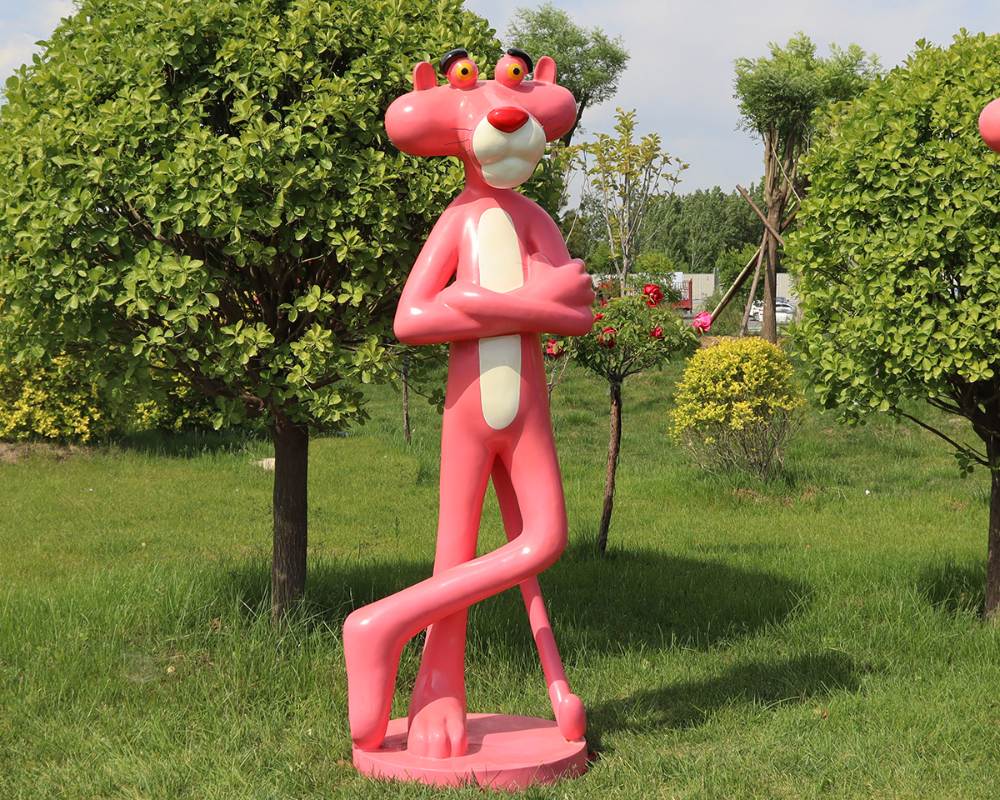 Playful Fiberglass Pink Panther Interactive Cartoon Sculpture Outdoor