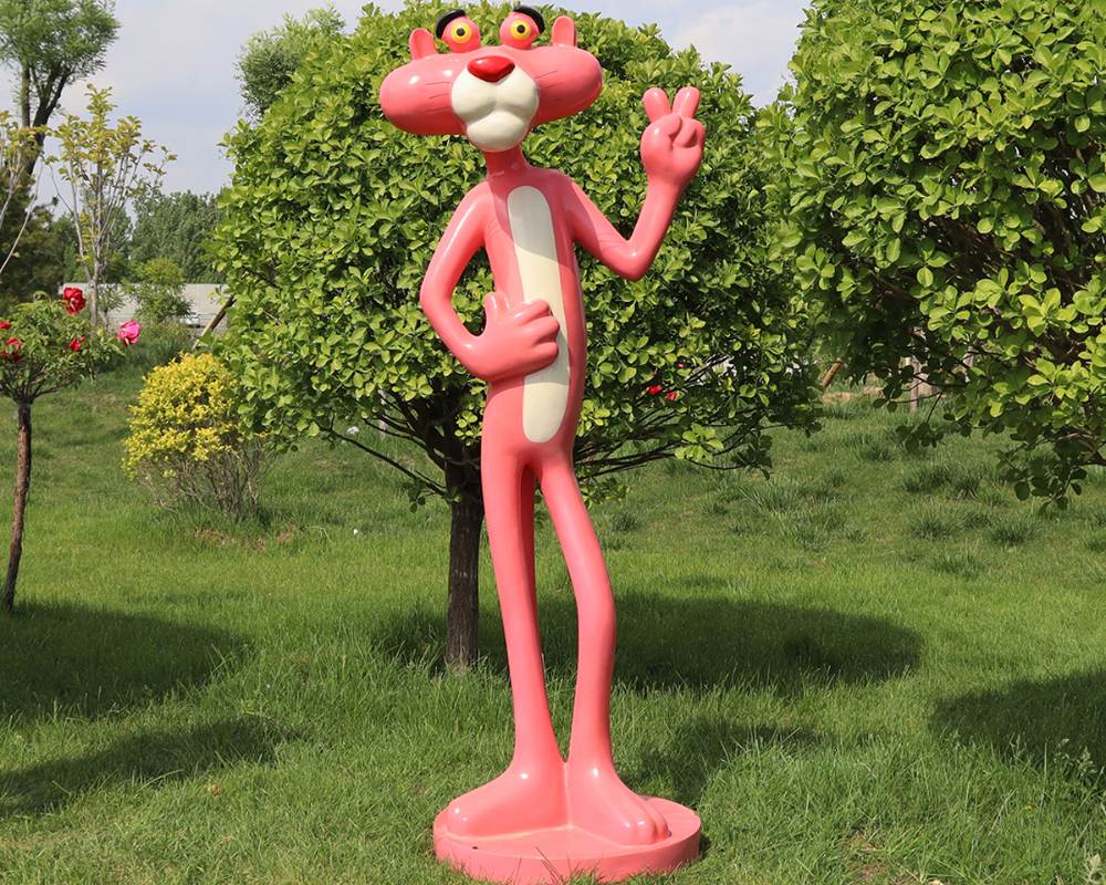 Playful Fiberglass Pink Panther Interactive Cartoon Sculpture Outdoor