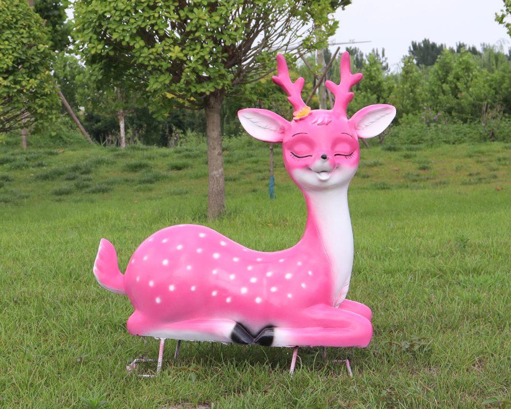 Vibrant Fiberglass Cartoon Pink Deer Outdoor Sculpture for Sale
