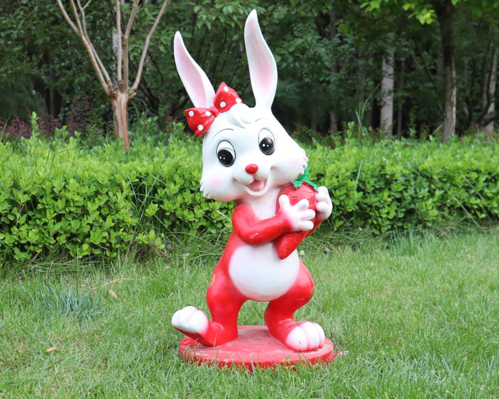 Realistic Fiberglass Cartoon Red Rabbit Outdoor Sculpture