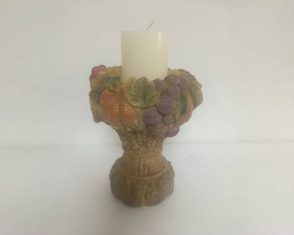 Vintage Old Antique China Resin Fruit Brown Over Floral Candle Stick
