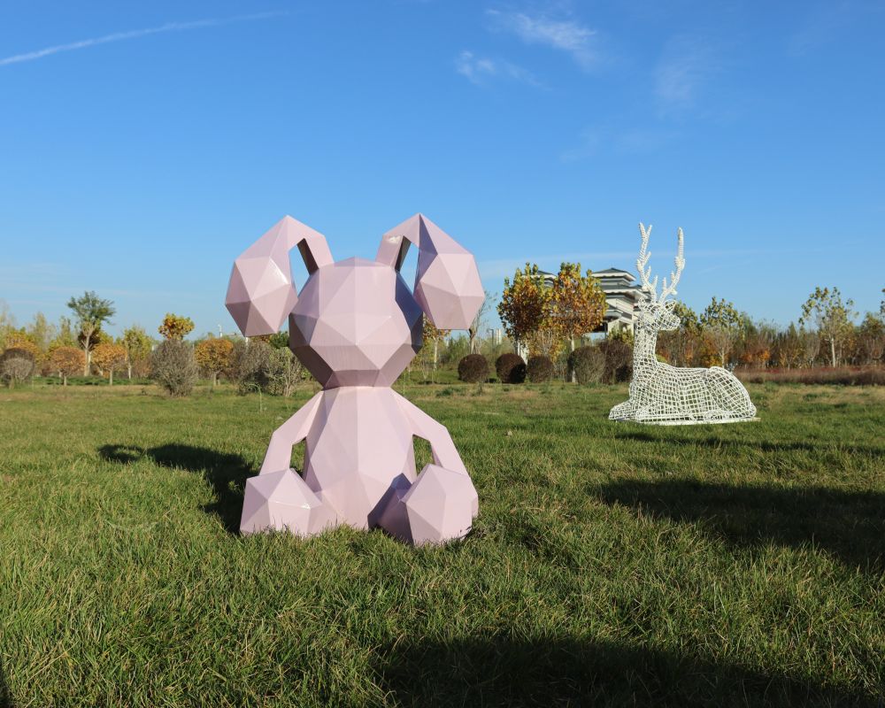 Stainless Steel Geometric Rabbit Sculpture in Standing and Sitting Poses