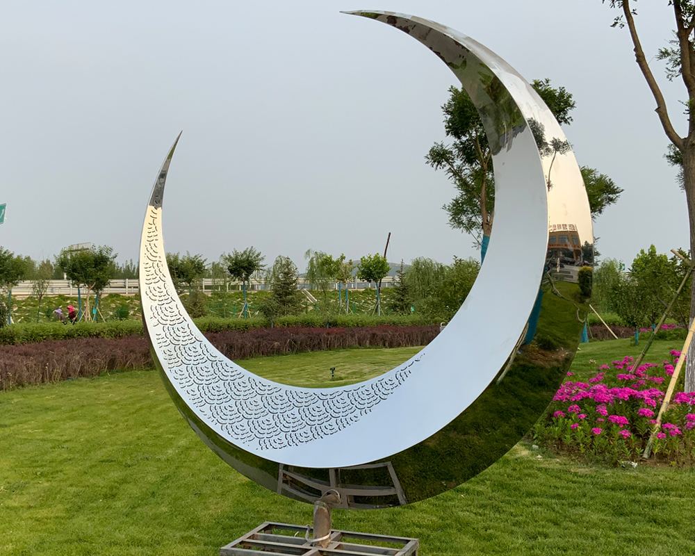 Large Outdoor Modern Metal Ring Polished Moon Sculpture