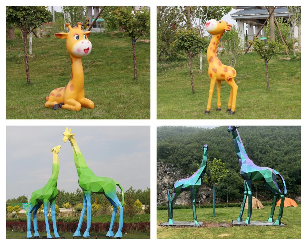 Giraffe statues of different styles and sizes