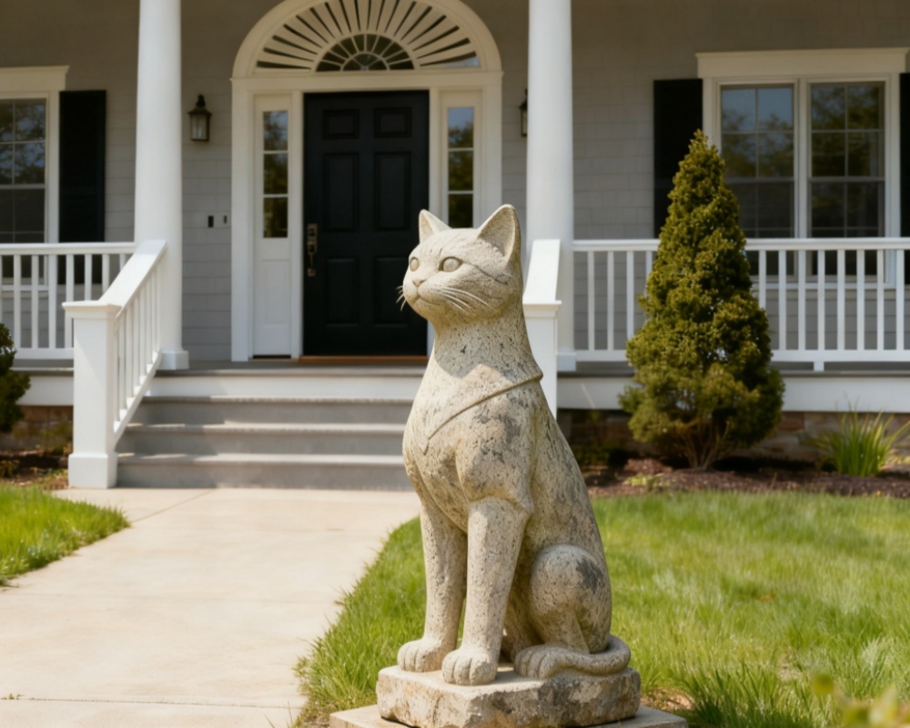 Stone cat-shaped outdoor sculpture