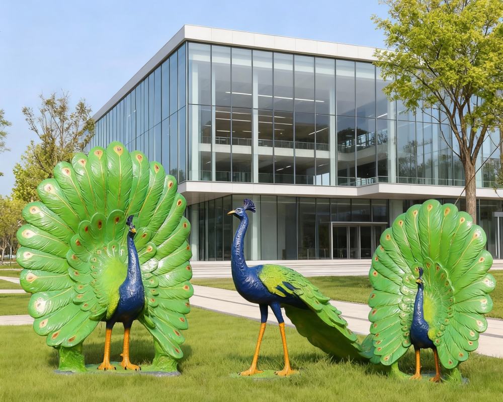 Peacock sculpture on the outdoor lawn
