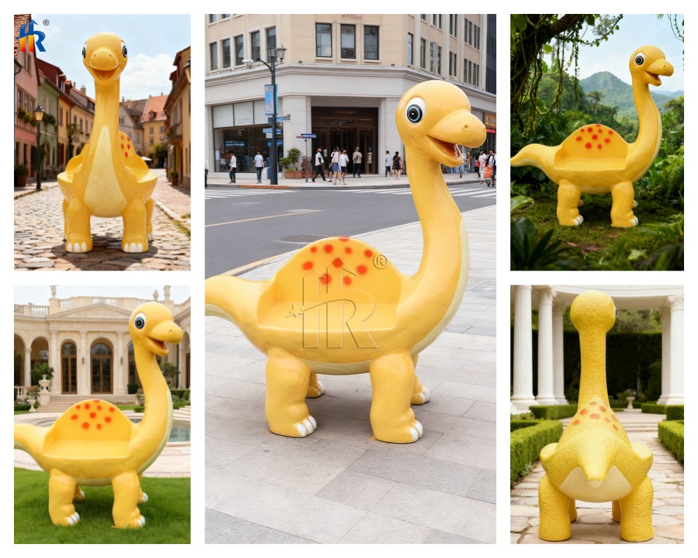 yellow dinosaur interactive sculpture