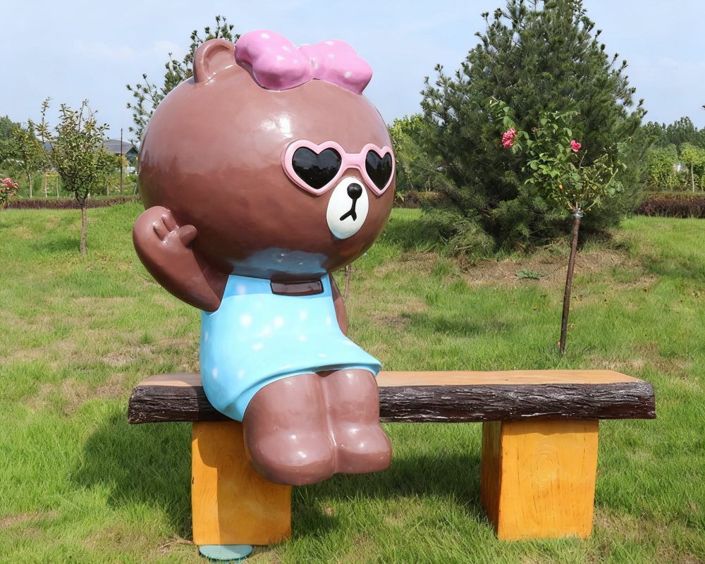 Cartoon Brown Bear Fiberglass Seating Interactive Sculpture for Garden
