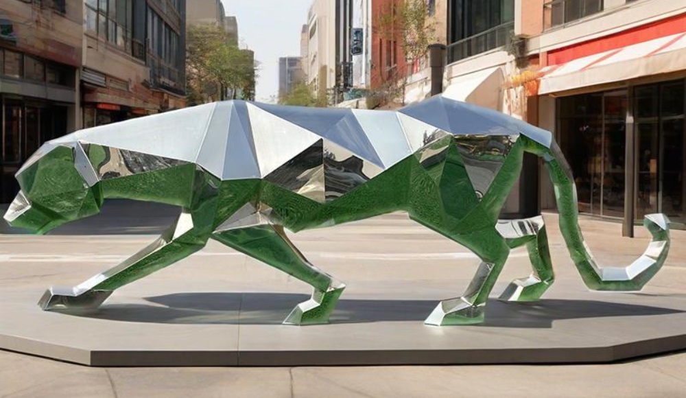 Grandes expositores de esculturas de leopardo de acero inoxidable.