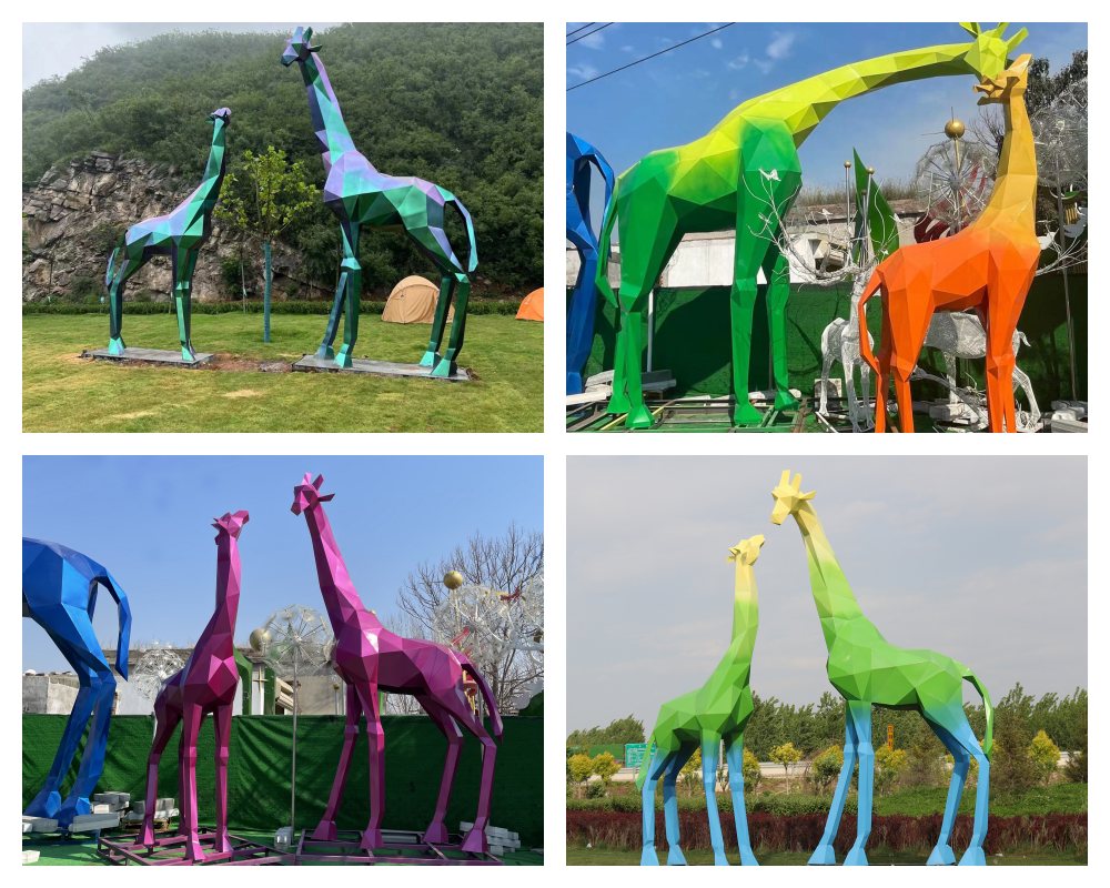 Diferentes tipos de estatua geométrica de jirafa gigante.
