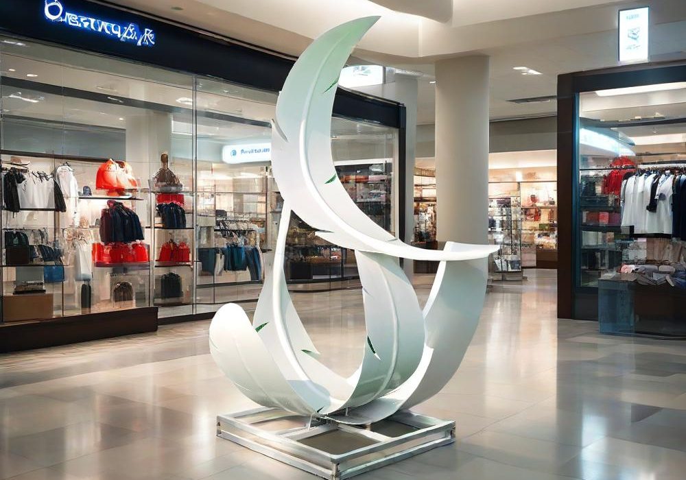 La scultura di piume in acciaio inossidabile è inserita nel centro commerciale