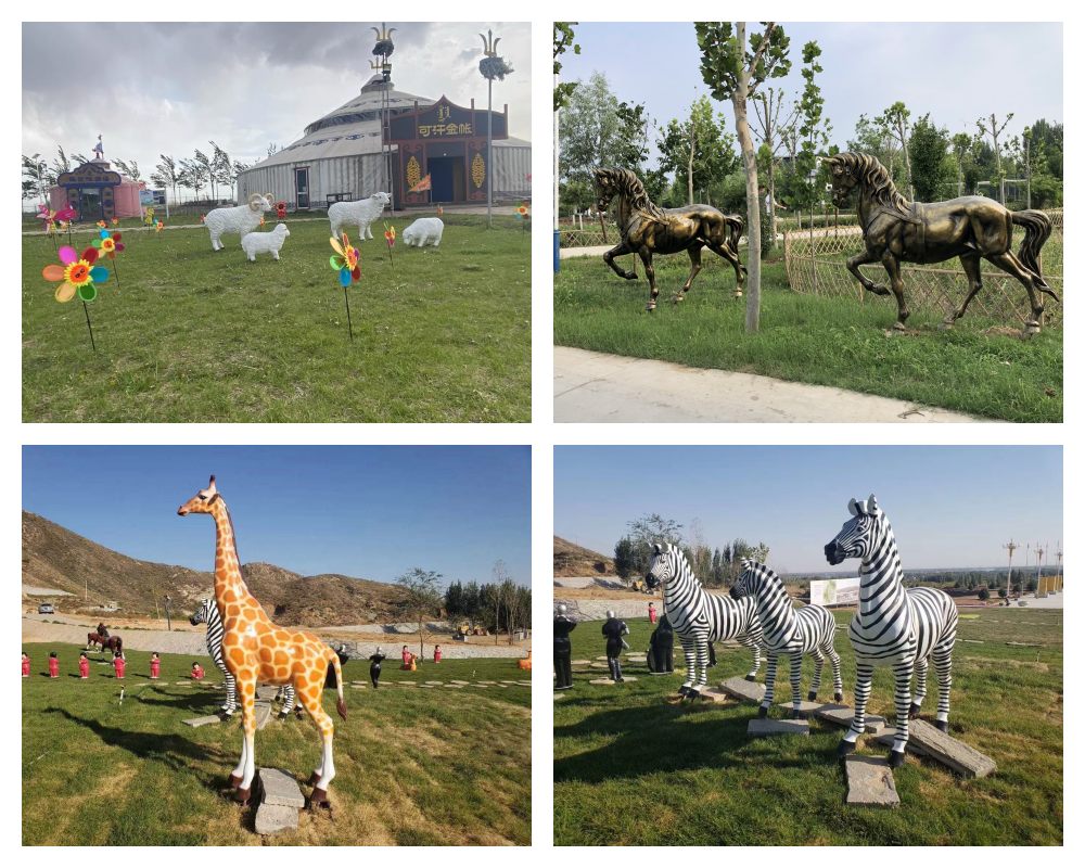 Esculturas de animales de tamaño natural colocadas sobre el césped.