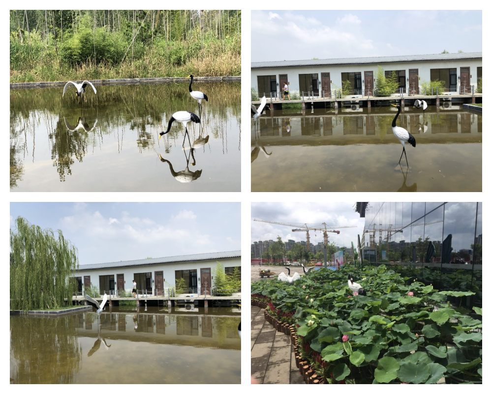 Escultura de grulla de tamaño natural colocada en un estanque