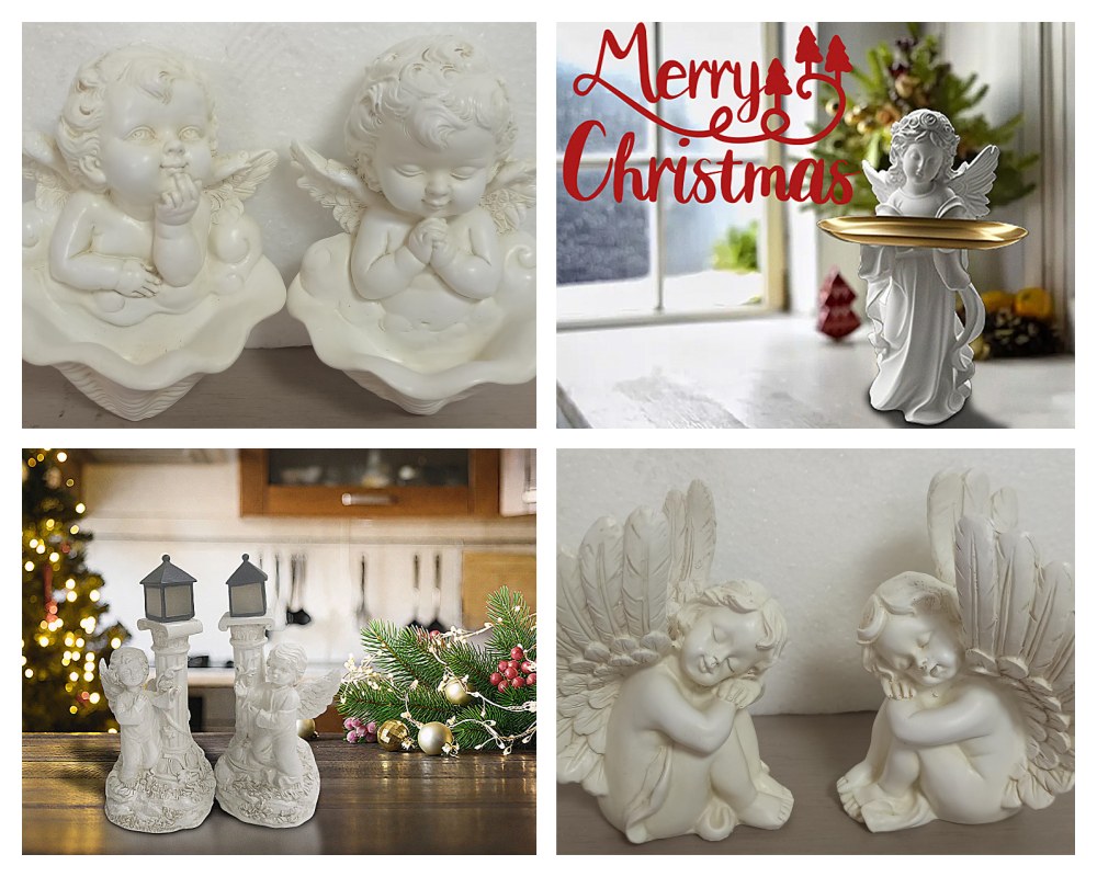 Varias figuras de ángeles navideños.