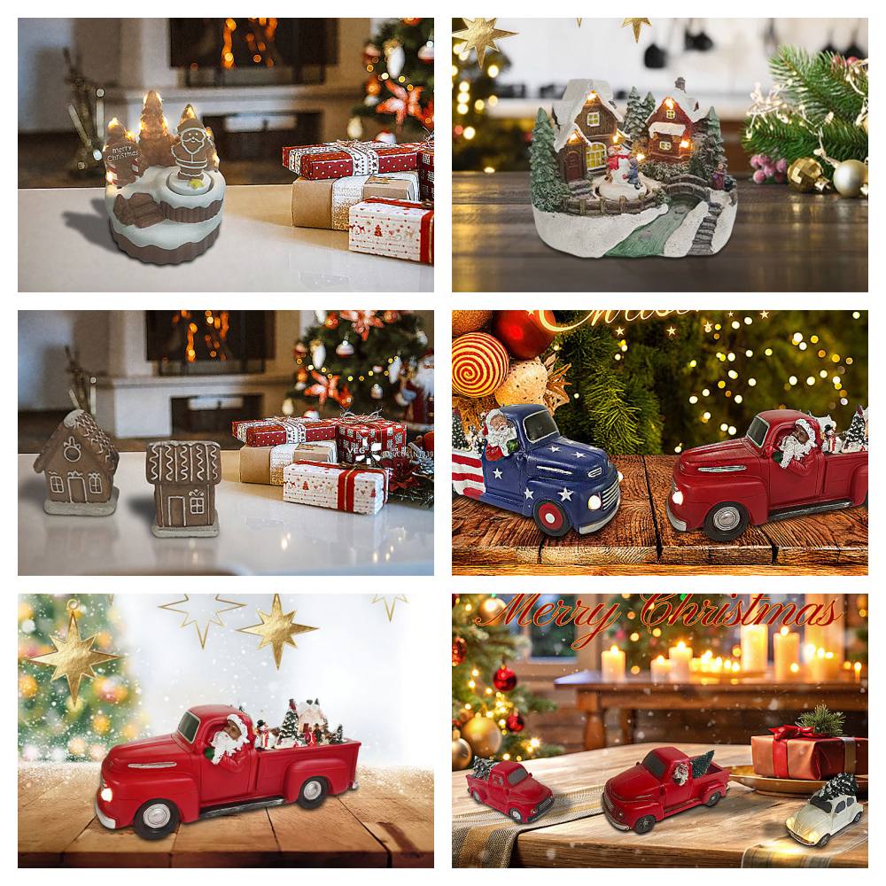 Coches navideños y casas navideñas.