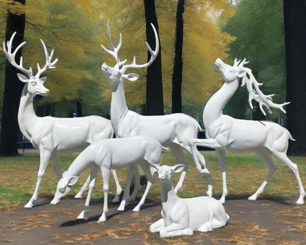 Weiße Hirschstatuen aus Fiberglas, elegante Außendekoration, erhältlich in verschiedenen Posen