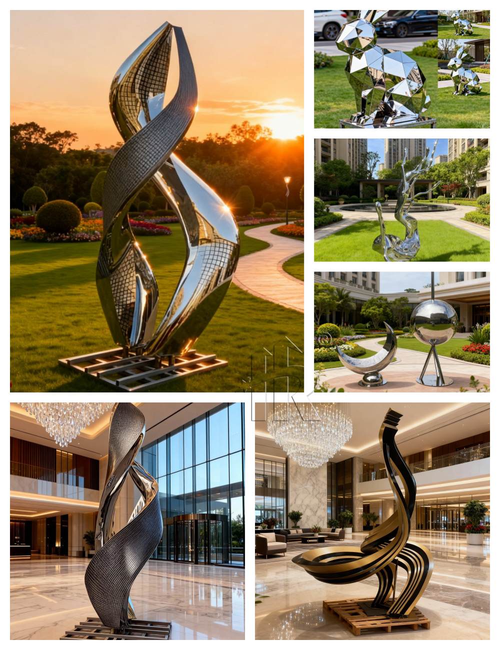 Várias esculturas de aço inoxidável