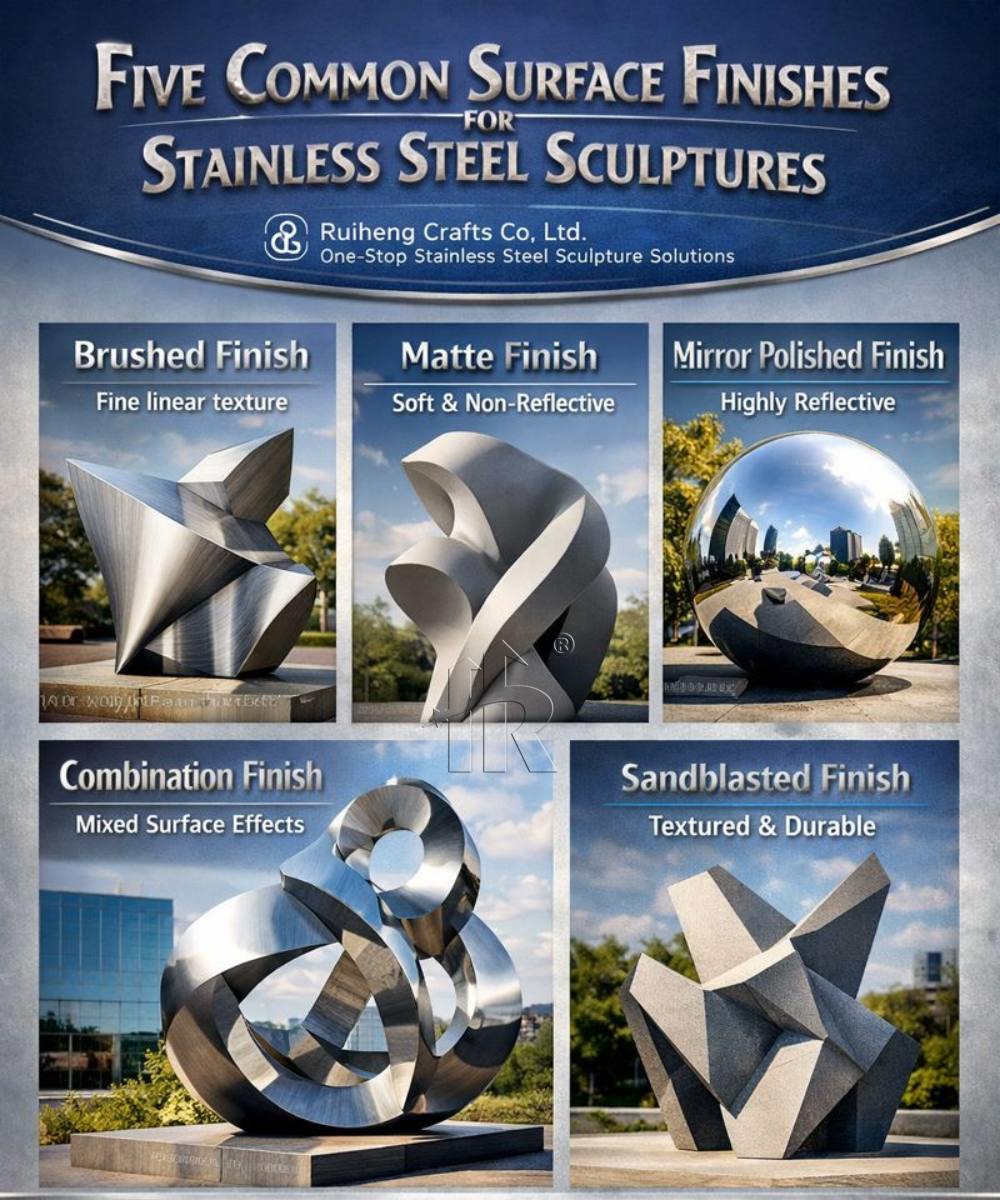 Cinq finitions de surface pour les sculptures en acier inoxydable