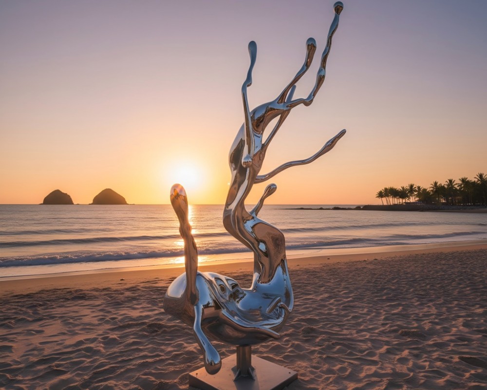 Abstract stainless steel sculpture by the sea
