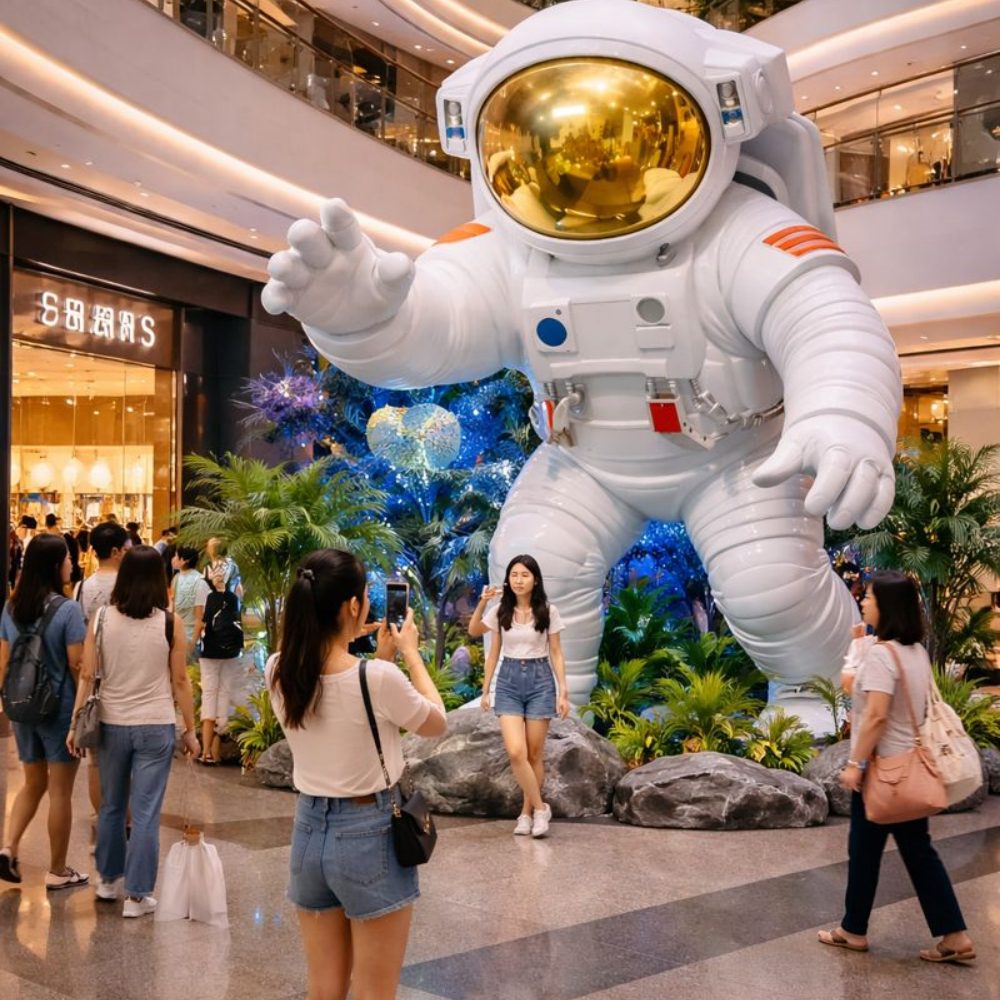 Large fiberglass sculptures inside the shopping mall