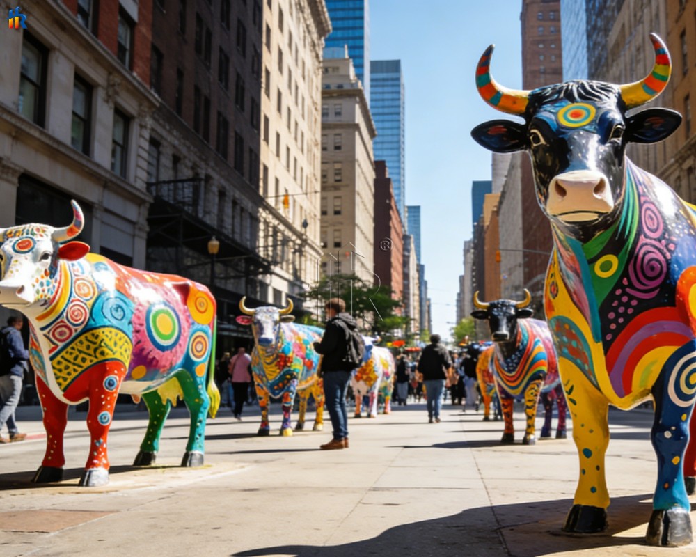 Various graffiti-covered cows sculptures