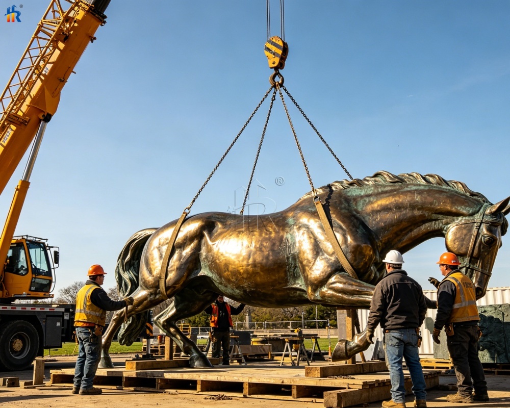 Installing bronze sculpture