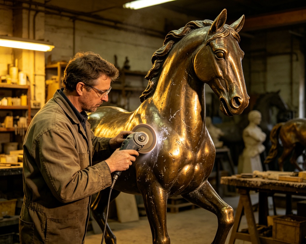 polishing a bronze sculpture
